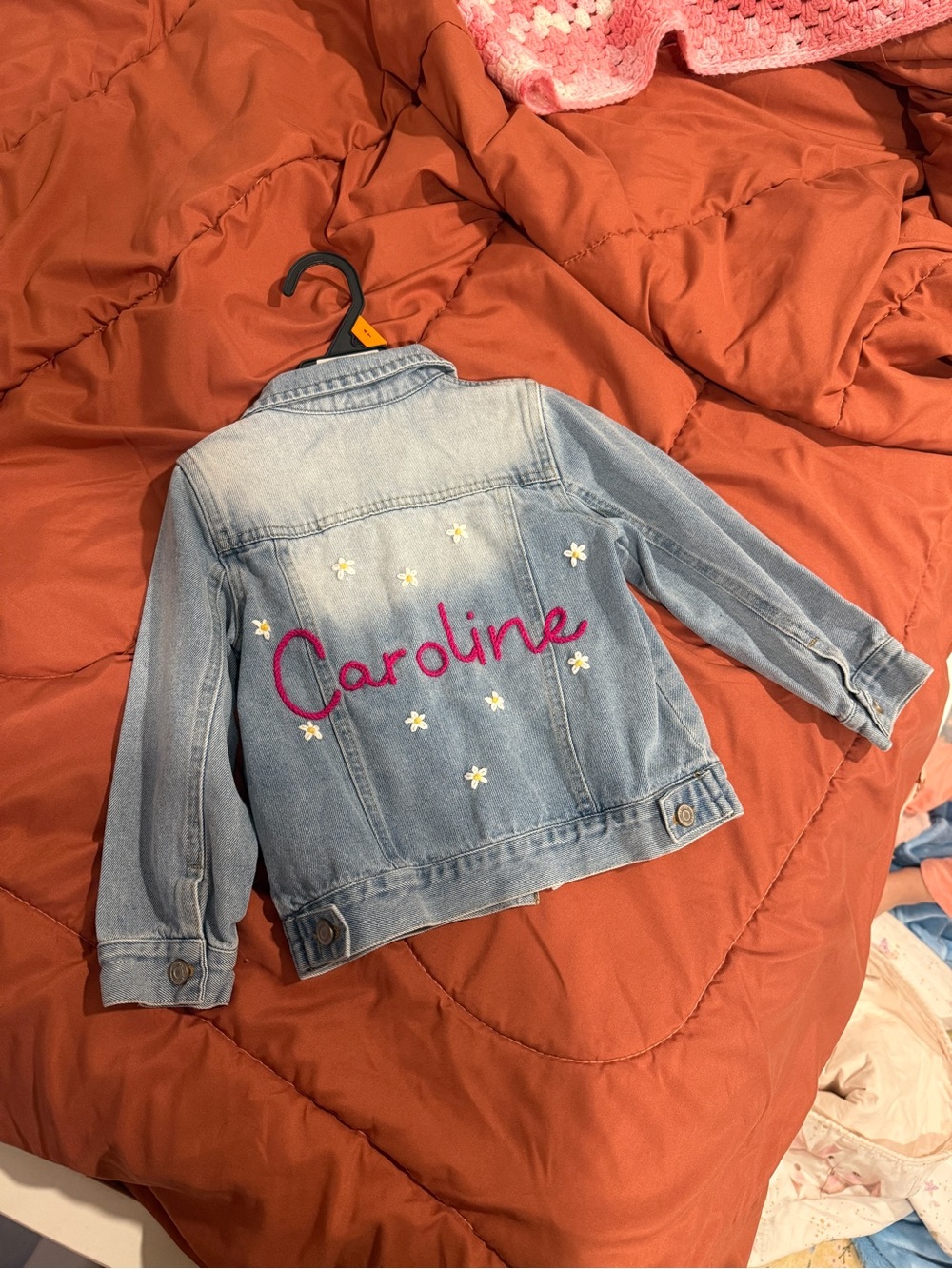 Personalized Light Wash Denim Jacket for Kids - Pink Script Caroline